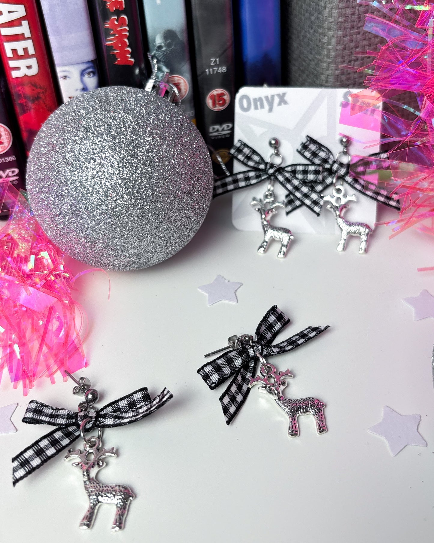 Gingham Bow Deer Earrings