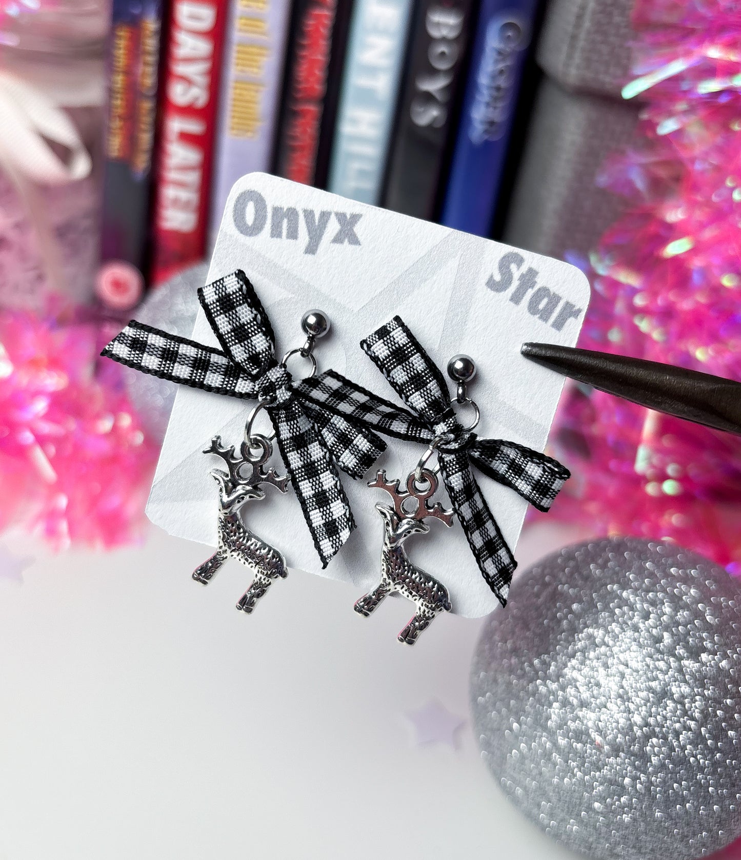 Gingham Bow Deer Earrings