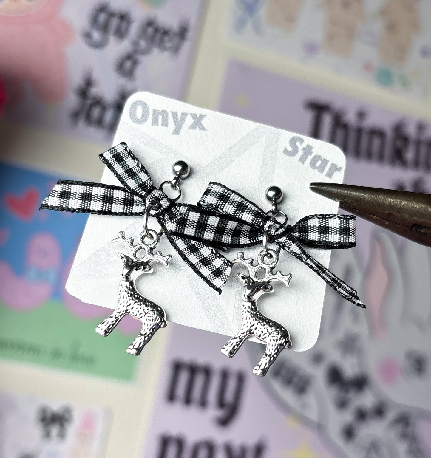 Gingham Bow Deer Earrings