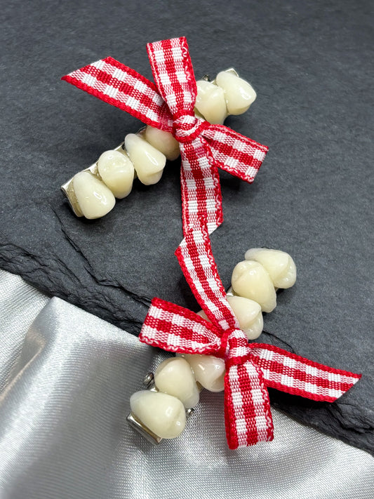 RED GINGHAM TEETH HAIR CLIPS